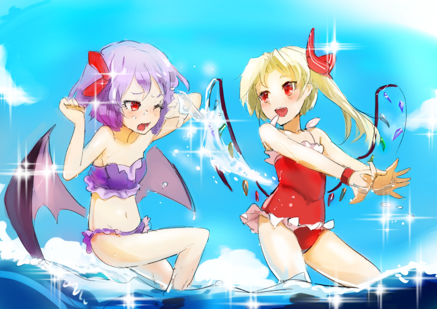 2girls flandre_scarlet remilia_scarlet sinzan swimsuit touhou wings