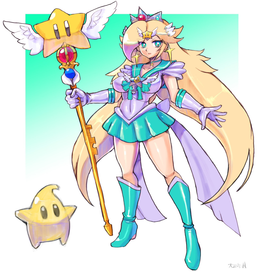 1girl bishoujo_senshi_sailor_moon blonde_hair boots breasts collarbone cosplay crossover green_footwear green_skirt highres holding holding_staff large_breasts long_hair luma_(mario) magical_girl mario_(series) oomasa_teikoku rosalina skirt staff super_mario_galaxy tiara