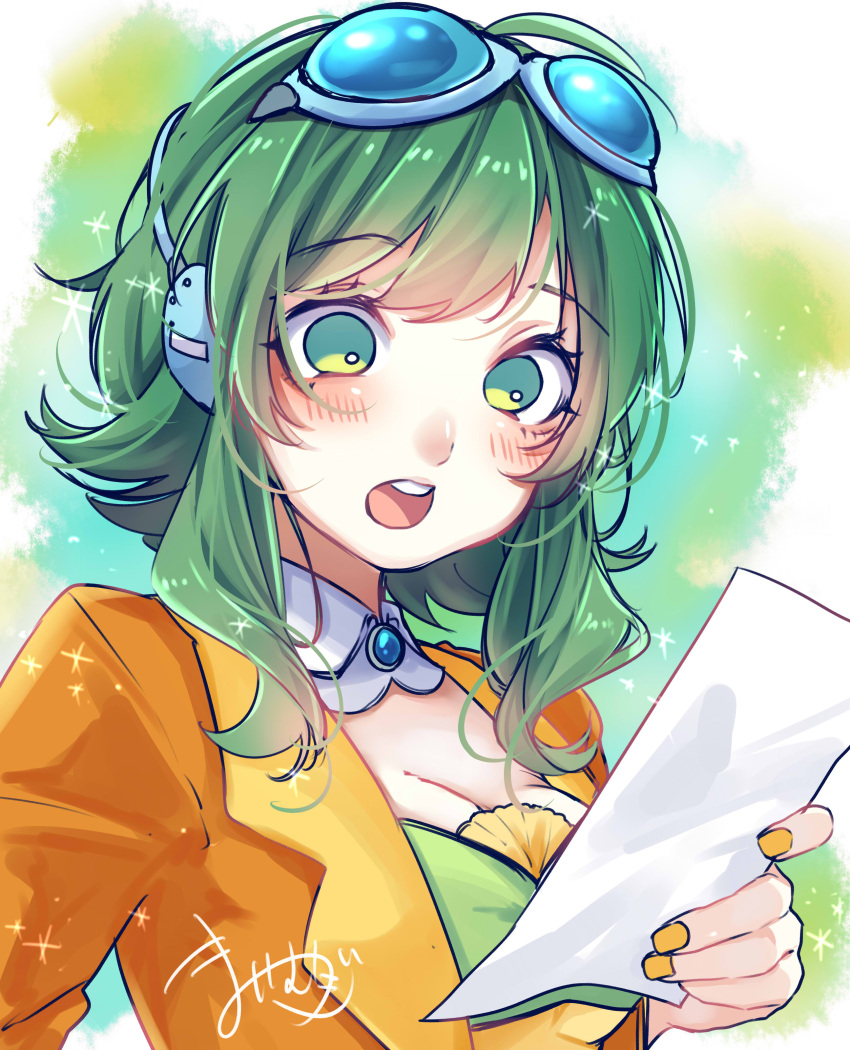 1girl absurdres breasts cleavage collar goggles goggles_on_head green_background green_hair green_nails green_shirt gumi headphones highres holding holding_paper jacket large_breasts light_blush looking_at_object mai_mugi open_mouth orange_jacket paper shirt short_hair sidelocks signature solo vocaloid white_background