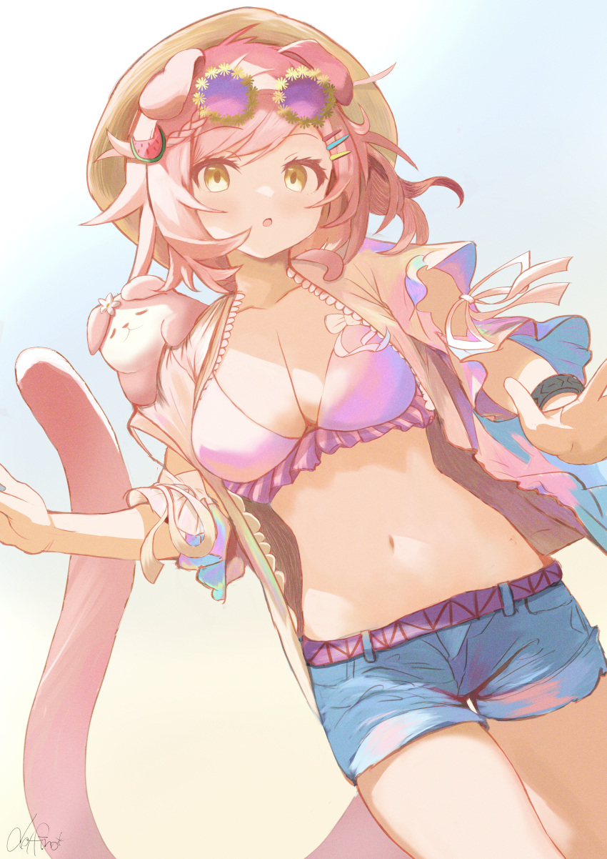 1girl absurdres animal_ears arknights black_bracelet breasts cat_ears cat_girl cat_tail cleavage delfino eyewear_on_head floppy_ears flower-shaped_eyewear food food-themed_hair_ornament fruit goldenglow_(arknights) goldenglow_(summer_flowers)_(arknights) hair_ornament highres melon_hair_ornament midriff navel official_alternate_costume pink_cat purple-tinted_eyewear scottish_fold short_shorts shorts tail tinted_eyewear watermelon watermelon_hair_ornament watermelon_slice