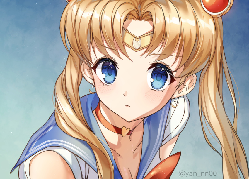 1girl bishoujo_senshi_sailor_moon blonde_hair blue_sailor_collar breasts choker cleavage closed_mouth collarbone crescent crescent_earrings derivative_work diadem earrings eyebrows_visible_through_hair hair_bun heart heart_choker highres jewelry long_hair meliyannn red_choker sailor_collar sailor_moon sailor_moon_redraw_challenge sailor_senshi sailor_senshi_uniform screencap_redraw solo tsukino_usagi twintails twitter_username upper_body