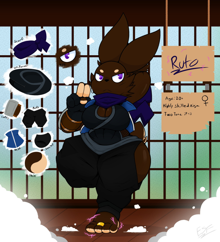 absurd_res anthro breasts brown_body brown_fur cleavage clothed clothing countershade_feet countershading digit_ring electricsnowfox feet female fur hi_res jewelry lagomorph leporid mammal model_sheet ninja on_one_leg rabbit ring solo standing tan_body tan_fur thick_thighs toe_ring toes warrior