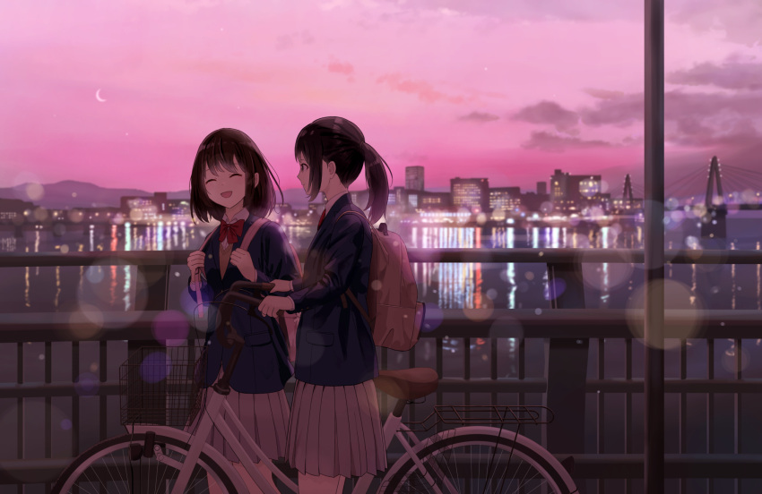 2girls backpack bag bicycle bicycle_basket blue_shirt blurry bokeh bow bowtie bridge building cityscape closed_eyes closed_mouth cloud collared_shirt crescent_moon depth_of_field dusk facing_viewer highres holding_strap long_sleeves medium_hair moon mountainous_horizon multiple_girls open_mouth original outdoors pink_bag pink_sky pleated_skirt ponytail profile railing red_bow red_bowtie reflection reflective_water school_uniform shirt shurock sidelocks skirt sky standing strap walking walking_bike
