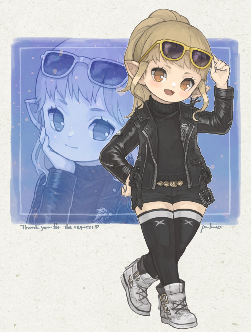 1girl adjusting_eyewear black_jacket black_shorts black_sweater black_thighhighs blonde_hair boots brown_eyes closed_mouth commission contemporary earrings eyewear_on_head final_fantasy final_fantasy_xiv flat_chest full_body hand_on_eyewear hand_on_own_chin hand_on_own_hip highres jacket jewelry lalafell leather leather_jacket looking_at_viewer medium_hair multiple_views open_mouth pointy_ears ponytail puluie shoes shorts signature simple_background single_earring smile sneakers sunglasses sweater thigh_boots thighhighs warrior_of_light_(ff14) white_footwear zettai_ryouiki