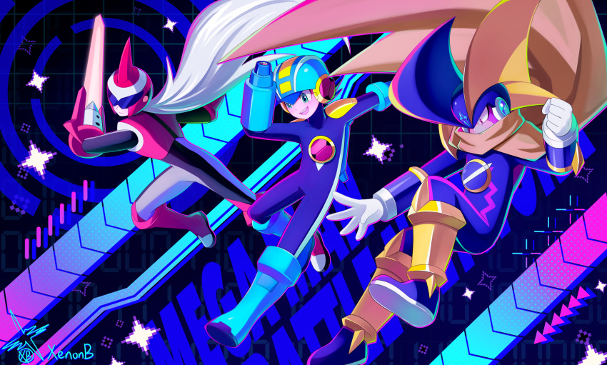 3boys arm_blade arm_cannon artist_logo artist_name bass.exe_(mega_man) black_bodysuit blue_bodysuit bodysuit boots brown_hair cloak copyright_name emblem facial_tattoo green_eyes helmet highres long_hair mega_man_(series) mega_man_battle_network_(series) megaman.exe multiple_boys protoman.exe spiked_hair sword tattoo weapon white_hair xenon_(xenonb)