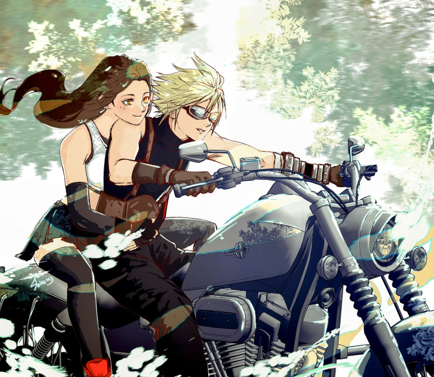 1boy 1girl arms_around_waist baggy_pants bare_shoulders black_gloves black_hair black_skirt black_thighhighs blonde_hair breasts brown_gloves brown_hair closed_mouth cloud_strife couple crop_top earrings elbow_gloves feet_out_of_frame final_fantasy final_fantasy_vii final_fantasy_vii_rebirth final_fantasy_vii_remake gloves goggles head_on_another's_shoulder highres hug hug_from_behind jewelry long_hair low-tied_long_hair midriff motor_vehicle motorcycle on_motorcycle outdoors pants parted_lips red_eyes red_footwear shinogu_r short_hair sitting skirt sleeveless sleeveless_turtleneck smile stud_earrings suspenders sweater tank_top teardrop_earrings thighhighs tifa_lockhart tree turtleneck turtleneck_sweater very_long_hair white_tank_top