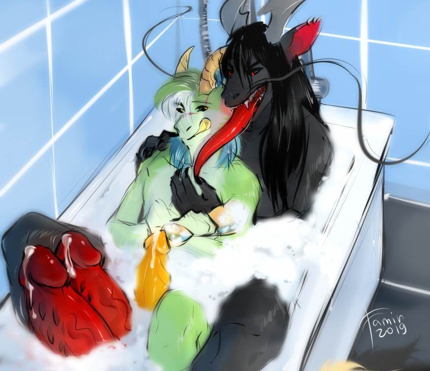 2019 2_penises anthro anthro_on_anthro bathing black_hair black_sclera blue_hair bovid caprine cutaway dated dragon duo erection famir_(artist) famir_(character) fangs foam fur furred_dragon genitals goat green_body green_hair grey_body hair horn hybrid inside licking licking_lips licking_own_lips long_tongue male male/male mammal multi_genitalia multi_penis multicolored_hair open_mouth penis red_eyes red_penis red_tongue signature teeth tongue tongue_out white_hair yellow_eyes yellow_horn yellow_penis yellow_tongue