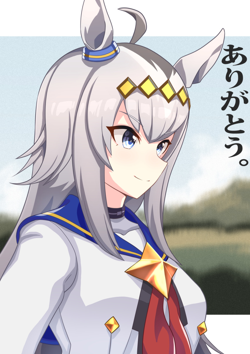 1girl ahoge animal_ears blue_eyes blush breasts closed_mouth commentary_request ear_ornament from_side grey_hair hair_between_eyes highres horse_ears horse_girl long_hair looking_at_viewer medium_breasts mihe multicolored_hair neckerchief oguri_cap_(umamusume) red_neckerchief sailor_collar school_uniform shirt sidelocks simple_background smile solo streaked_hair umamusume upper_body white_shirt