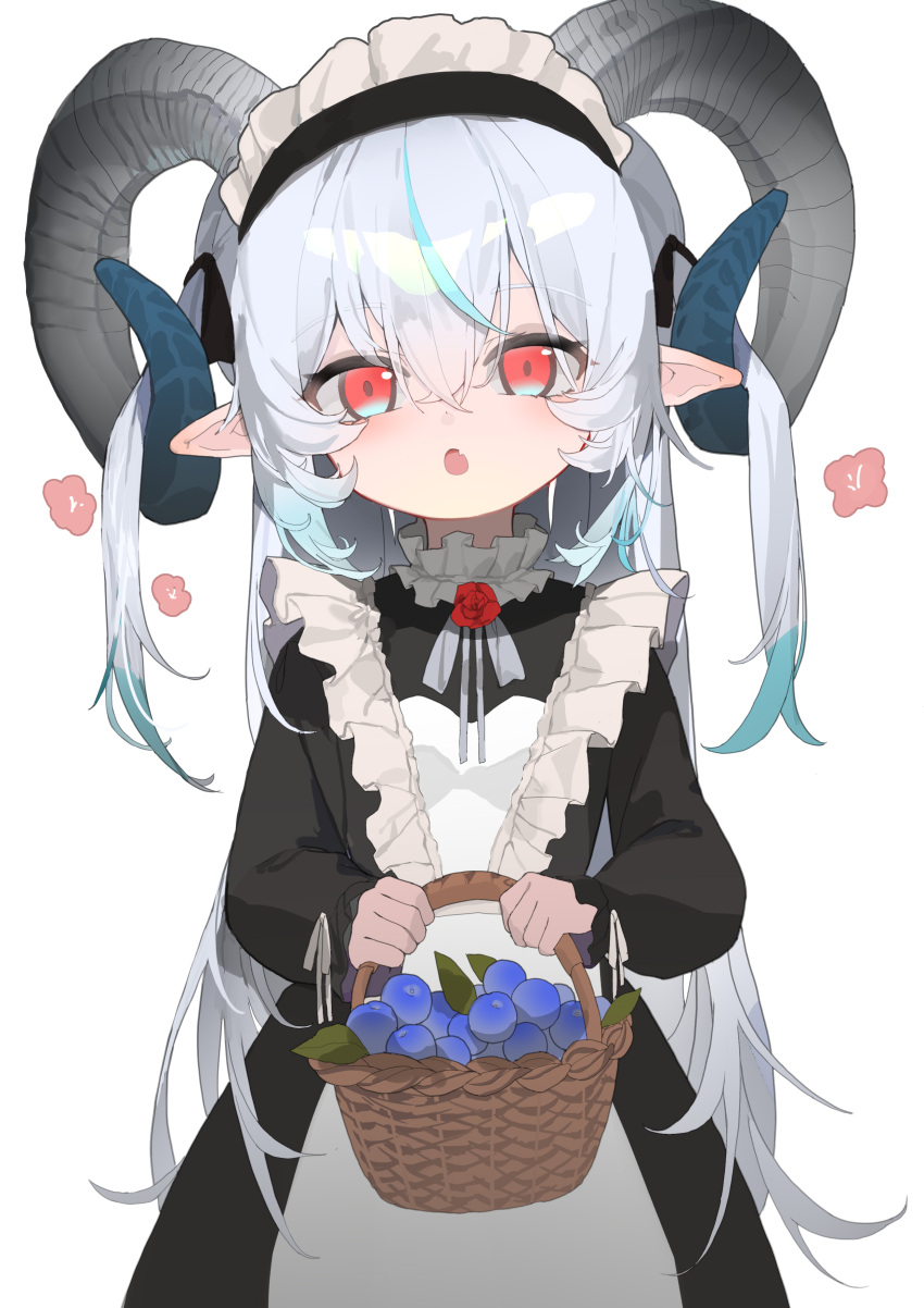 1girl :o absurdres aqua_hair black_dress blueberry dress fang food fruit gradient_eyes highres horns kele_mimi looking_at_viewer multicolored_eyes multicolored_hair original pointy_ears red_eyes sheep_horns simple_background skin_fang streaked_hair upper_body white_background white_hair