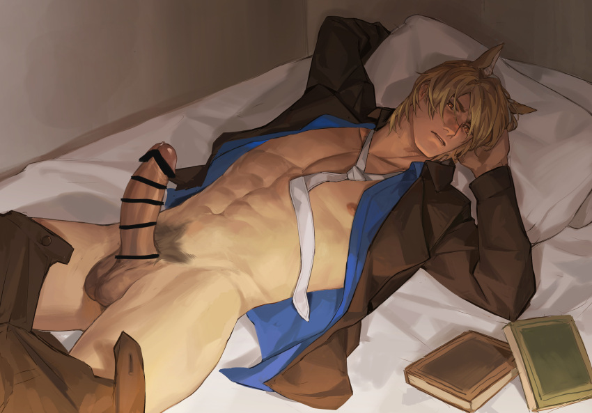 1boy abs aixiwuganda_(20222192) animal_ears arknights bar_censor black_pants black_suit blonde_hair blue_shirt book censored erection head_on_hand highres horse_boy horse_ears looking_at_viewer male_focus mlynar_(arknights) muscular muscular_male necktie no_male_underwear on_bed pants pectorals penis pillow pubic_hair shirt suit testicles undone_necktie white_necktie