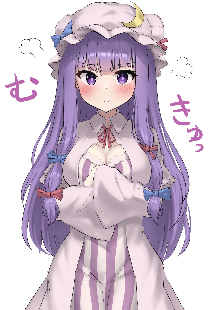 1girl absurdres angry blue_bow blush bow breasts cleavage cleavage_cutout clothing_cutout collar commentary crescent crescent_hat_ornament crossed_arms dress hair_bow hat hat_ornament head_steam highres long_hair long_sleeves looking_at_viewer mob_cap mukyuu neck_ribbon patchouli_knowledge pout purple_eyes purple_hair red_bow red_ribbon ribbon solo steam striped_clothes striped_dress touhou translated vertical-striped_clothes vertical-striped_dress very_long_hair youmu-kun