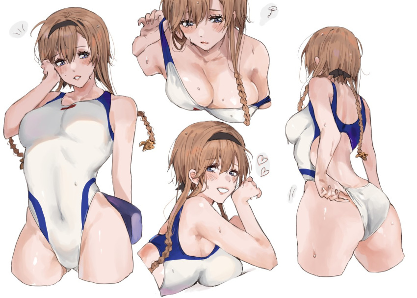 1girl amakaze ass black_headband blue_eyes blush braid breasts brown_hair cleavage collarbone competition_swimsuit embarrassed from_behind hair_ornament hand_on_own_cheek headband kantai_collection large_breasts leaning_forward long_hair looking_at_viewer multiple_views oekaki off_shoulder one-piece_swimsuit propeller_hair_ornament simple_background smile spoken_squiggle squiggle swimsuit teruzuki_(kantai_collection) twin_braids white_background