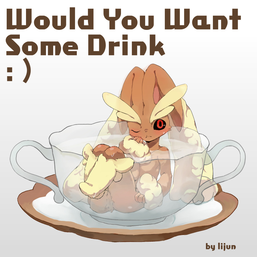 1:1 absurd_res ambiguous_gender anthro arm_support artist_name bathing beverage big_ears biped black_sclera blush bodily_fluids brown_body container cup english_text flat_chested fluffy fur generation_4_pokemon hand_on_face hi_res lagomorph legs_up leporid lopunny lying mammal nintendo on_back one_eye_closed partially_submerged pokemon pokemon_(species) red_eyes saucer scut_tail short_tail simple_background solo sweat tail tea_cup text wet white_background white_body white_fur wink xiao_lijun