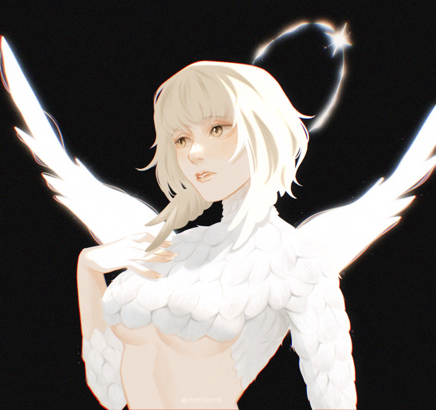 1girl black_background body_fur breasts chimera completely_nude domiiomii dungeon_meshi falin_thorden feathered_wings grey_hair hair_wings halo hand_up highres lips monster_girl nude parted_lips short_hair sideways_glance simple_background spoilers upper_body white_hair wings yellow_eyes