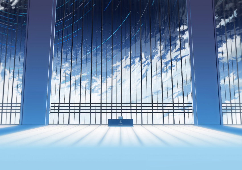 architecture blue_archive cloud desk game_cg highres indoors muntins no_humans non-web_source official_art scenery sky star_(sky) star_trail starry_sky wide_shot window window_shade