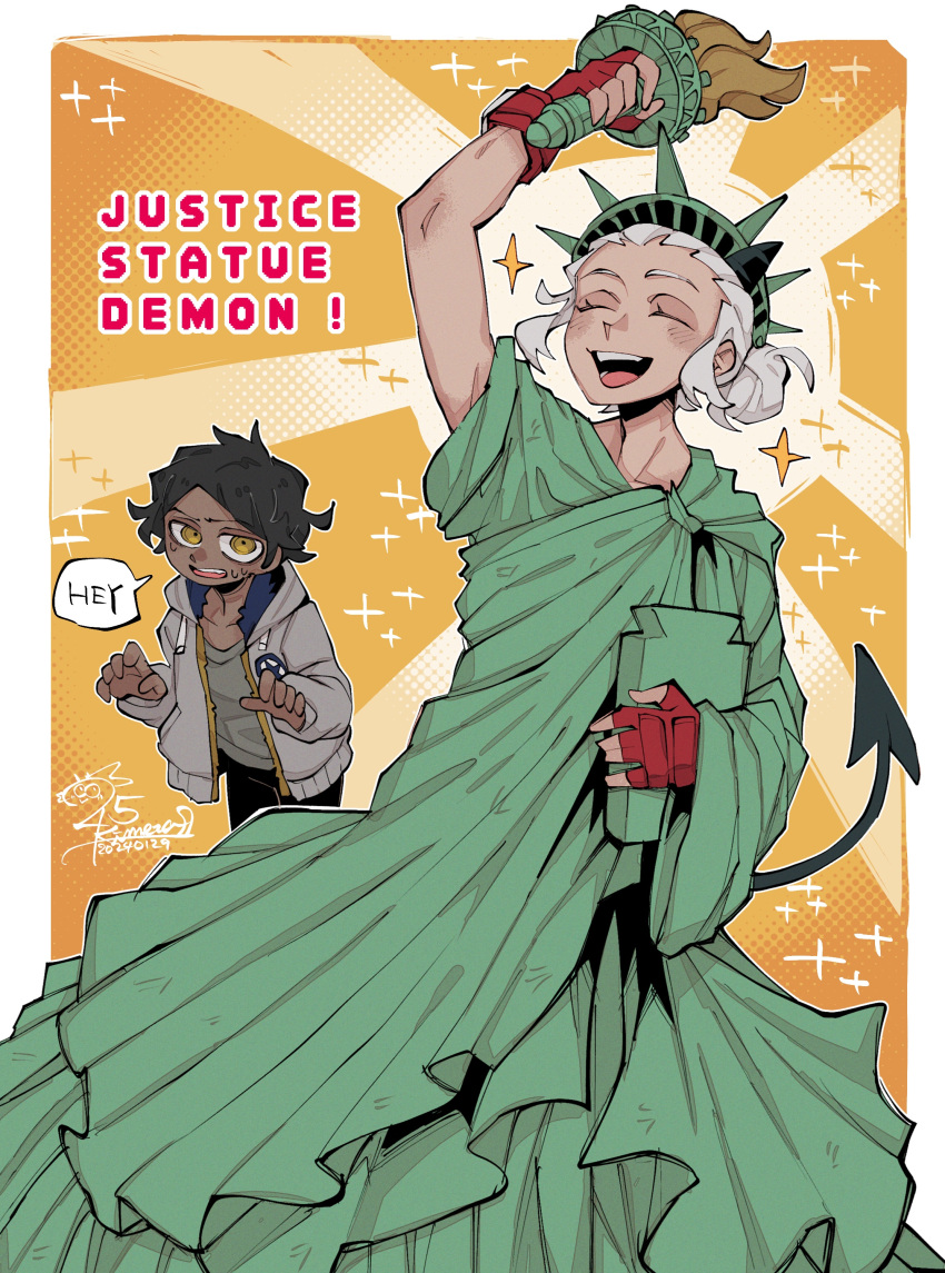 1boy 1girl 25_kimera :d absurdres arm_up blush border closed_eyes costume english_text fingerless_gloves gloves grey_hair happy helltaker highres justice_(helltaker) orange_background red_gloves short_hair smile sparkle statue_of_liberty teeth tongue white_border