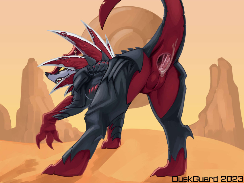 2023 absurd_res anus butt canid canine darkin day demon desert detailed_background digital_media_(artwork) duskguard empty_eyes female feral gaping gaping_anus genitals hi_res hyper_gape looking_at_viewer looking_back looking_back_at_viewer mammal outside presenting presenting_anus presenting_hindquarters presenting_pussy pussy rock sand solo standing teeth