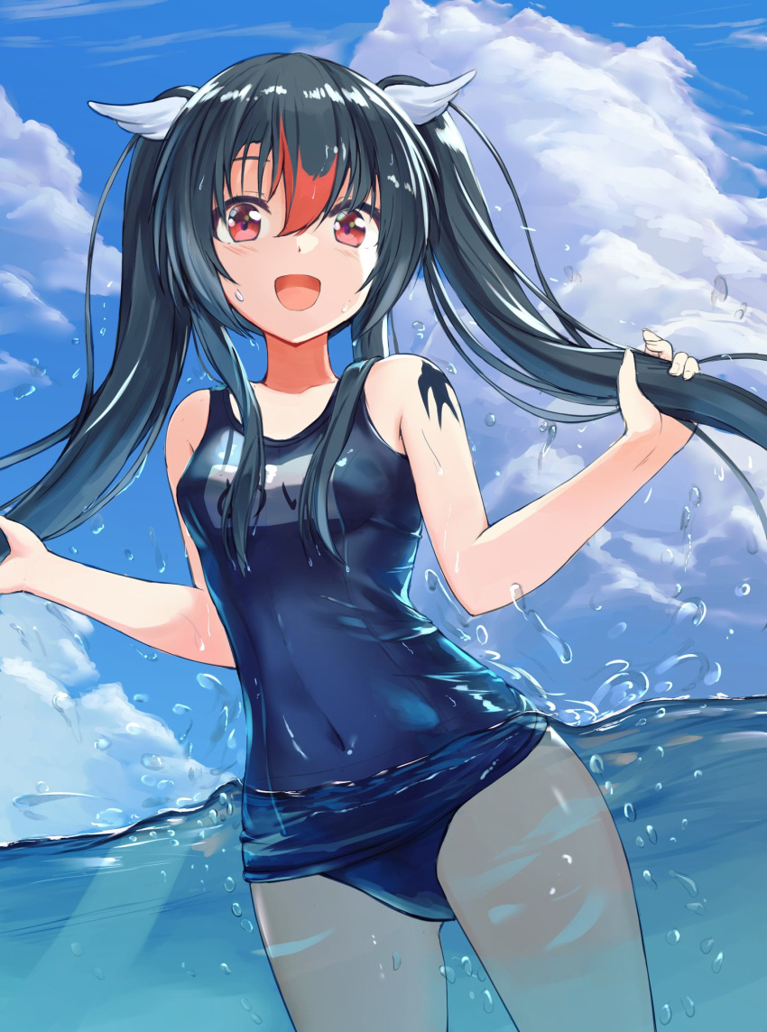 1girl :d akabane_hibame bare_arms black_hair blue_one-piece_swimsuit blue_sky blush breasts cloud commentary_request covered_navel cowboy_shot day happy highres long_hair looking_at_viewer multicolored_hair one-piece_swimsuit open_mouth orange_hair original outdoors partially_submerged red_eyes school_swimsuit sidelocks sky small_breasts smile solo streaked_hair swimsuit twintails twintails_day very_long_hair w_arms water water_drop wet wing_hair_ornament