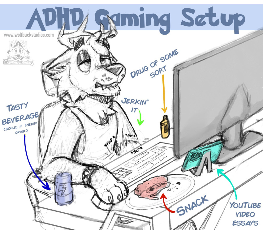 anthro antlers arrow_sign beverage bite biting_lip clothing computer deer desk electronics energy_drink english_text food furniture half-closed_eyes hi_res horn male mammal masturbation meme narrowed_eyes newt_wolfbuck obscured_masturbation onomatopoeia phone pizza shirt sitting sketch solo sound_effects table tank_top text topwear vape