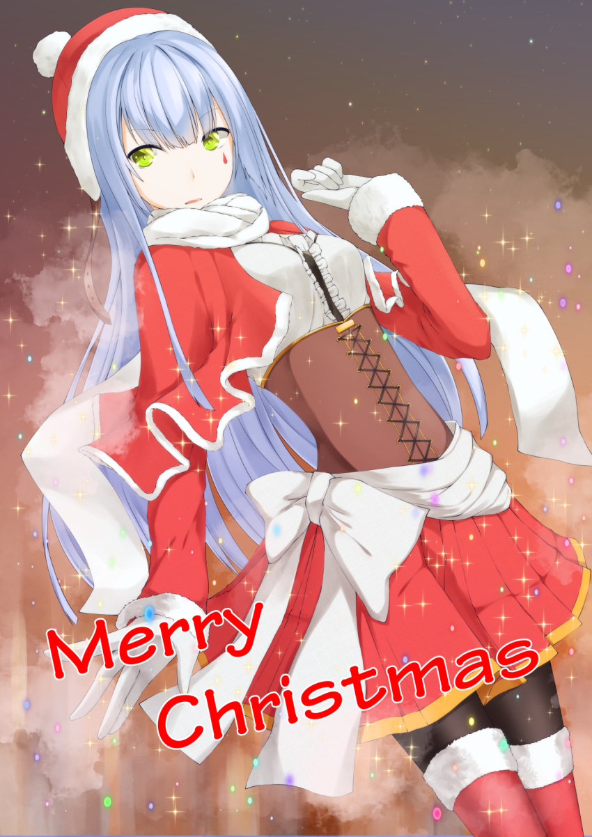 1girl boots capelet center_frills christmas corset facial_mark frills fur-trimmed_boots fur-trimmed_capelet fur_trim girls'_frontline gloves green_eyes grey_hair hand_up hat highres hk416_(girls'_frontline) long_hair long_sleeves looking_to_the_side merry_christmas pantyhose parted_lips pleated_skirt santa_costume santa_hat scarf skirt solo teardrop_facial_mark very_long_hair yuki-san_(wdtm_yuki)