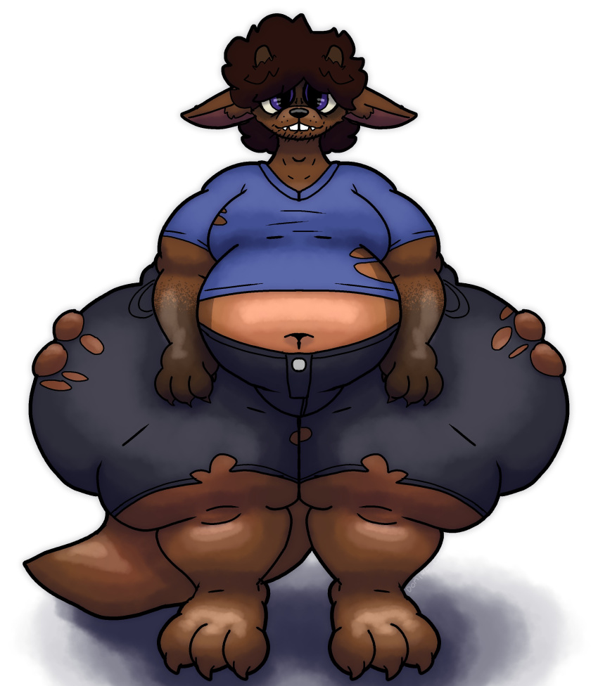 absurd_res anthro belly_overhang big_butt big_feet bottomwear brown_hair buckteeth butt claws clothing digital_drawing_(artwork) digital_media_(artwork) dominogooper facial_markings feet floppy_ears front_view glistening glistening_eyes hair head_markings hi_res horn huge_butt huge_thighs hyper hyper_butt hyper_thighs jikkemon male markings mask_(marking) osco_(dominogooper) purple_eyes shorts smile smiling_at_viewer solo solo_focus stubble tail teeth thick_tail thick_thighs torn_clothing wide_hips
