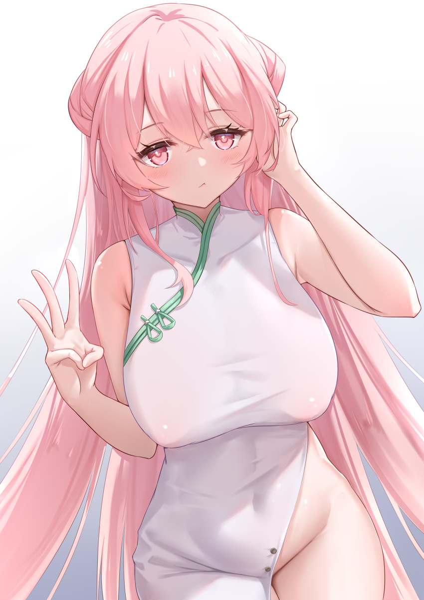 1girl :&lt; absurdres azur_lane bare_arms bare_shoulders breasts china_dress chinese_clothes closed_mouth covered_navel covered_nipples dress groin hair_between_eyes highres huge_breasts long_hair looking_at_viewer perseus_(azur_lane) pink_eyes pink_hair qian_hen solo white_dress