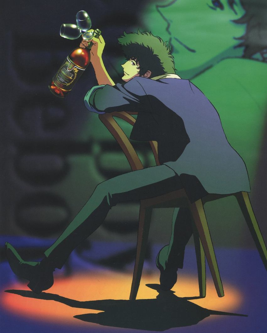 1boy alcohol bottle chair cowboy_bebop cup drinking_glass green_hair highres holding holding_bottle male_focus messy_hair official_art pants scan shadow sitting smile spike_spiegel spiked_hair wine_glass