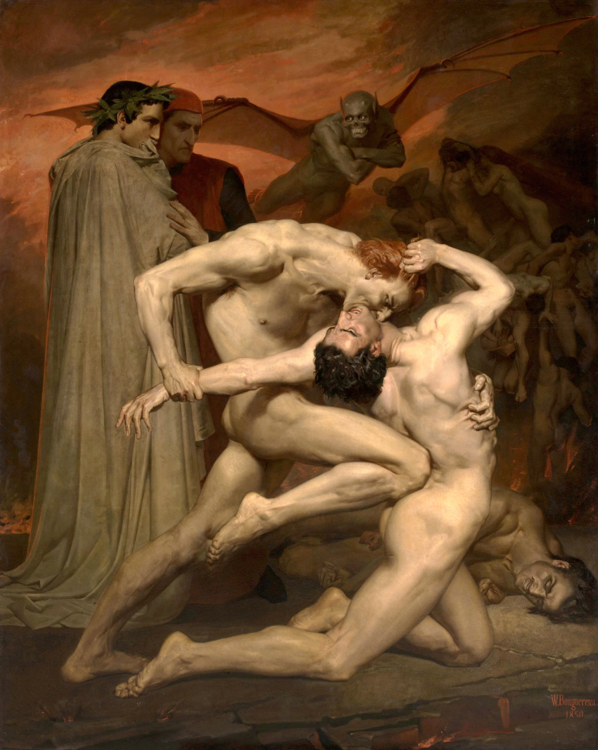 1850 19th_century absurd_res ancient_art arm_grab being_watched black_hair capocchio cloak clothed clothing crossed_arms dante_alighieri demon demon_humanoid detailed detailed_background female fight flying green_body green_skin group hair hell hi_res human humanoid humanoid_hands humanoid_pointy_ears looking_at_another male male_focus mammal membrane_(anatomy) membranous_wings nipples nude oil_painting_(artwork) orange_hair orange_sky painting_(artwork) photorealism publius_vergilius_maro realistic red_clothing schicchi sharp_teeth sky teeth traditional_media_(artwork) william-adolphe_bouguereau wings wreath