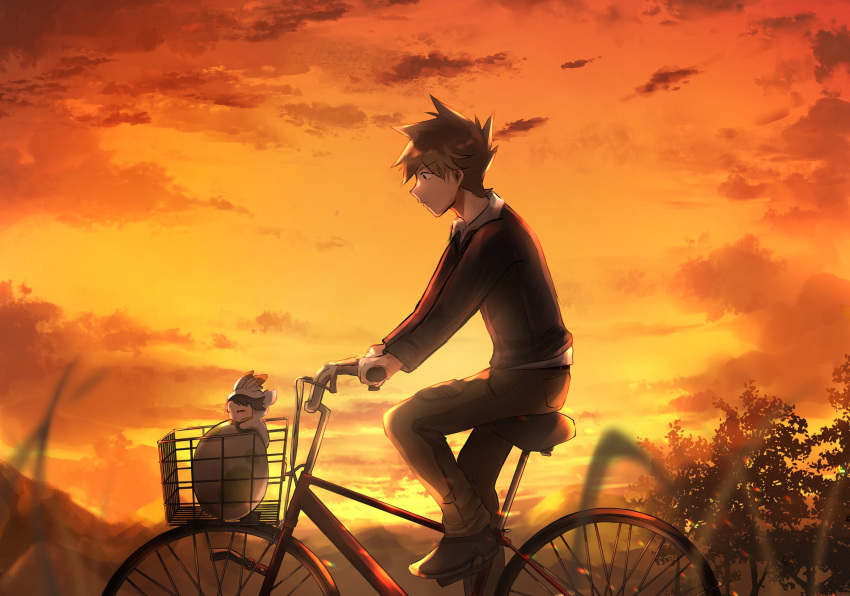 2boys bicycle blue_oak blurry blurry_foreground brown_hair cloud commentary_request egg from_side highres jacket long_sleeves male_focus mini_person miniboy multiple_boys outdoors pants pokemon pokemon_egg pokemon_hgss red_(pokemon) riding riding_bicycle shirt shiruko_(s1ruko) shoes short_hair sitting sky spiked_hair twilight