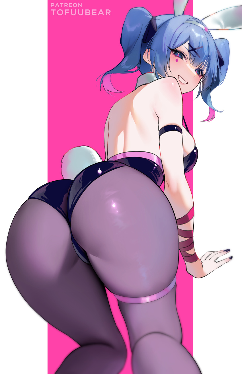 1girl absurdres ass back blush breasts grin hatsune_miku highres long_hair looking_at_viewer looking_back playboy_bunny rabbit_hole_(vocaloid) smile solo tofuubear twintails
