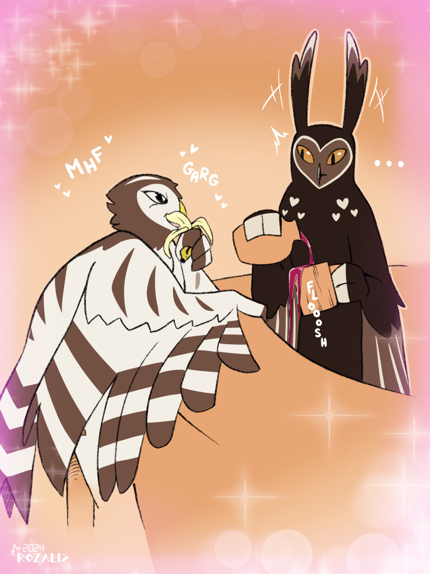 2024 absurd_res alcohol anthro asio_otus avian banana beak beverage bird blowjob_sign brown_body colored digital_media_(artwork) distracted duo eared_owl eating eating_food feathered_wings feathers food fruit heart_symbol hi_res inviting inviting_to_sex long_eared_owl male male/male orange_eyes owl owltus plant rozalid simple_background tan_body true_owl ural_owl urowlensis wine wings