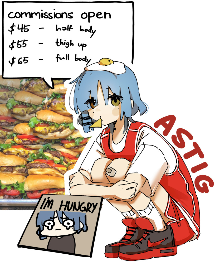 1girl absurdres alternate_costume bandaid bandaid_on_knee bandaid_on_leg blue_hair bocchi_the_rock! burger eating egg_(food) egg_hair_ornament egg_yolk english_text food food-themed_hair_ornament hair_ornament highres looking_at_viewer machuuu68 medium_hair mole mole_under_eye squatting tearing_up tears yamada_ryo yellow_eyes