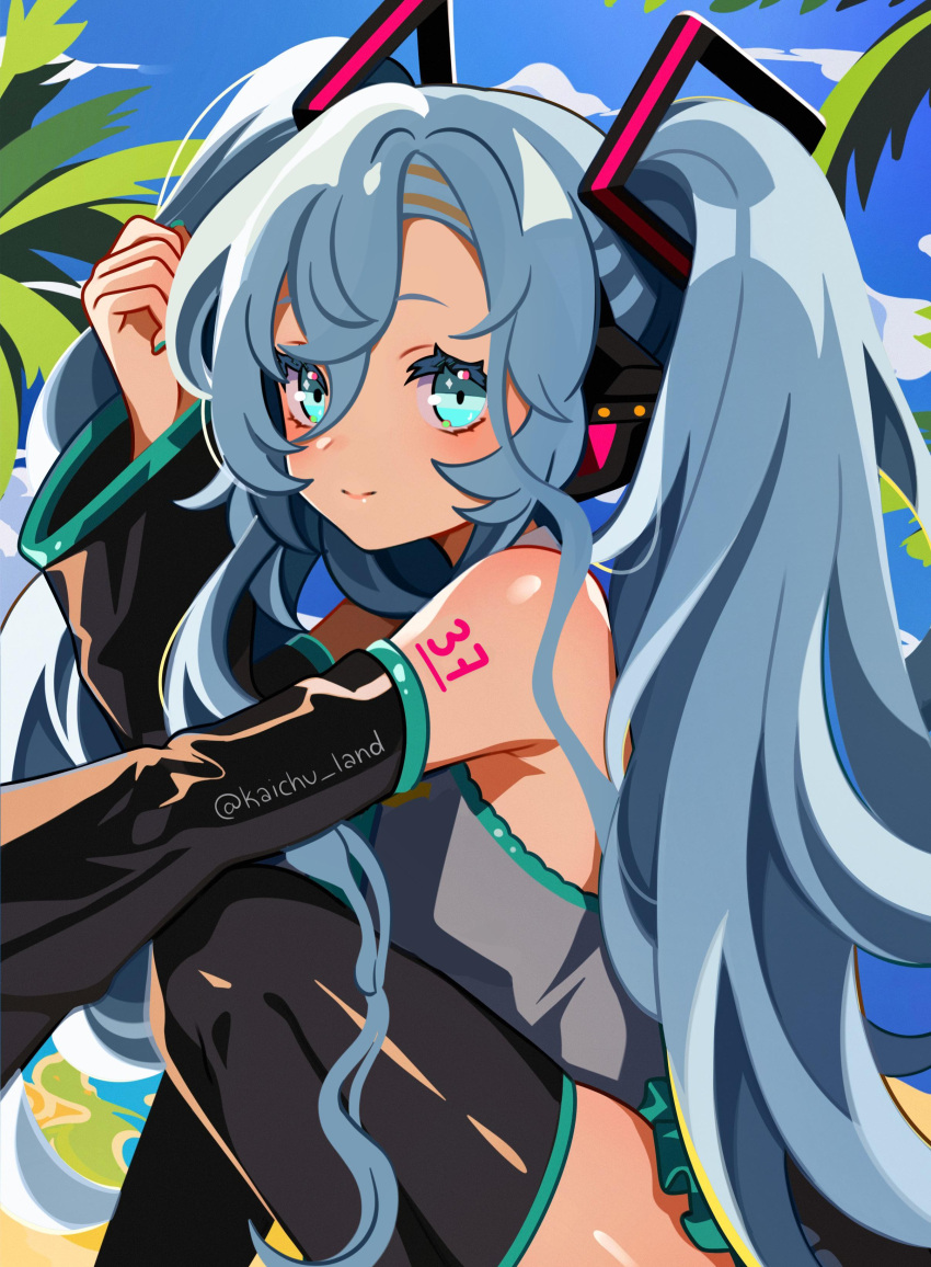 1girl 37_(reverse:1999) absurdres bare_shoulders black_footwear black_skirt black_sleeves blue_eyes blue_hair blue_sky boots closed_mouth cloud coconut_tree cosplay detached_sleeves feet_out_of_frame from_side grey_shirt hair_between_eyes hair_ornament hand_up hatsune_miku hatsune_miku_(cosplay) headphones highres kaichu_land long_hair looking_at_viewer miniskirt palm_tree reverse:1999 shirt shoulder_tattoo skirt sky sleeveless sleeveless_shirt smile solo squatting tattoo thigh_boots tree twintails twitter_username very_long_hair vocaloid