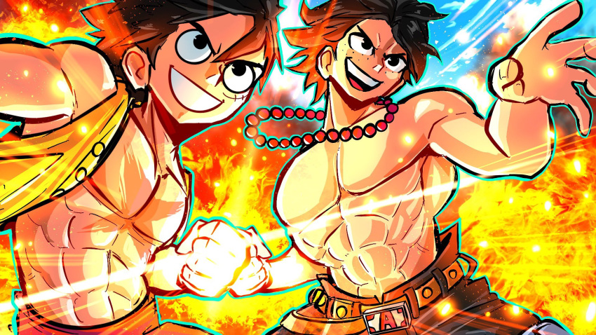 2boys abs bare_shoulders bead_necklace beads belt black_eyes black_hair blue_sky brothers clenched_hand cloud collarbone embers emphasis_lines fire freckles highres jewelry male_focus monkey_d._luffy multiple_boys muscular muscular_male necklace one_piece open_clothes open_mouth open_shirt portgas_d._ace scar scar_on_face shirt siblings sky sleeveless smile sonchapo topless_male yellow_shirt