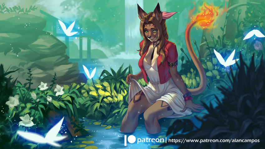 16:9 2020 aerith_gainsborough alanscampos alternate_species anthro brown_hair clothed clothing clothing_lift digital_media_(artwork) female final_fantasy final_fantasy_vii fire flaming_tail flower furrification grass green_eyes hair hi_res mammal partially_submerged patreon plant solo square_enix text url video_games water waterfall widescreen