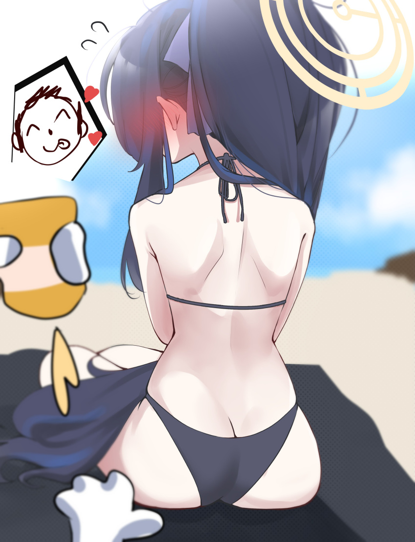 1boy 1girl absurdres ass back bare_shoulders bikini black_bikini black_hair blue_archive blurry blurry_background blurry_foreground blush butt_crack cloud commentary day doodle_sensei_(blue_archive) flying_sweatdrops from_behind gen_(unzzenasd) hairband halo heart highres long_hair lotion outdoors ponytail sensei_(blue_archive) shoulder_blades sidelocks sitting spoken_character string_bikini sunscreen swimsuit ui_(blue_archive) very_long_hair