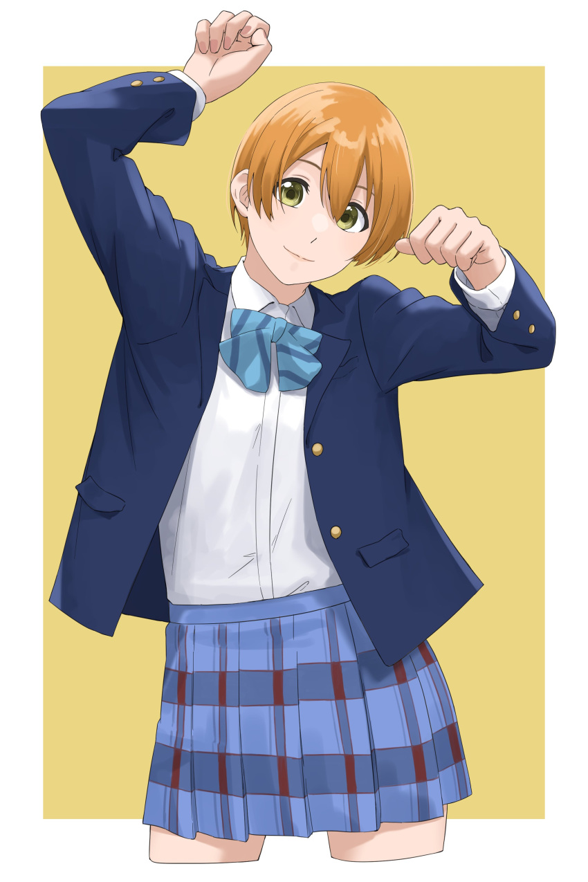 1girl absurdres blue_bow blue_bowtie blue_jacket blue_skirt border bow bowtie closed_mouth collared_shirt commentary_request cropped_legs highres hoshizora_rin jacket long_sleeves looking_at_viewer love_live! love_live!_school_idol_project open_clothes open_jacket orange_hair otonokizaka_school_uniform outside_border paw_pose plaid plaid_skirt pleated_skirt s_sho_mkrn school_uniform shirt short_hair sidelocks skirt solo standing white_border white_shirt winter_uniform yellow_background yellow_eyes