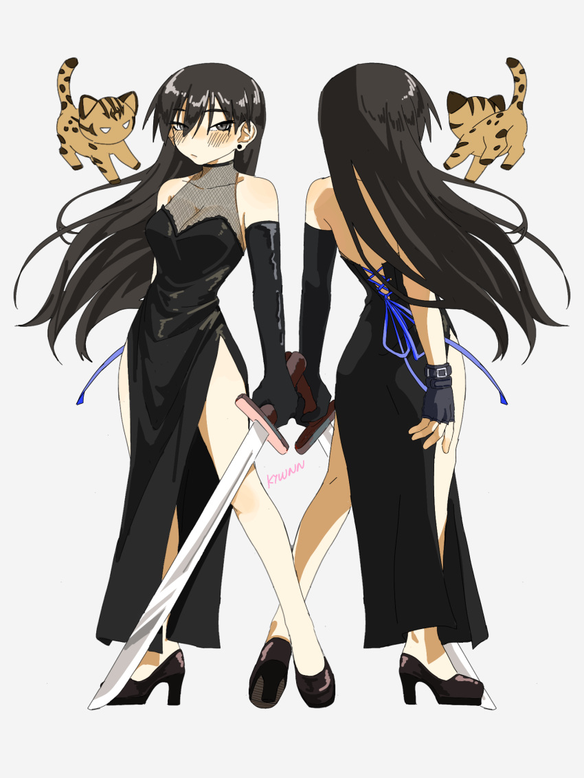 1girl alternate_costume artist_name asymmetrical_gloves azumanga_daioh backless_dress backless_outfit bare_shoulders black_dress black_eyes black_footwear black_gloves black_hair blush breasts brown_cat cleavage closed_mouth collarbone commentary dress earrings elbow_gloves embarrassed english_commentary expressionless facing_away fingerless_gloves fishnets floating_hair gloves hair_between_eyes halterneck high_heels highres holding holding_sword holding_weapon jewelry kyuunn lace-up large_breasts long_hair looking_at_viewer mayaa_(azumanga_daioh) multiple_views sakaki_(azumanga_daioh) shoes side_slit signature simple_background stud_earrings sword very_long_hair weapon white_background wind