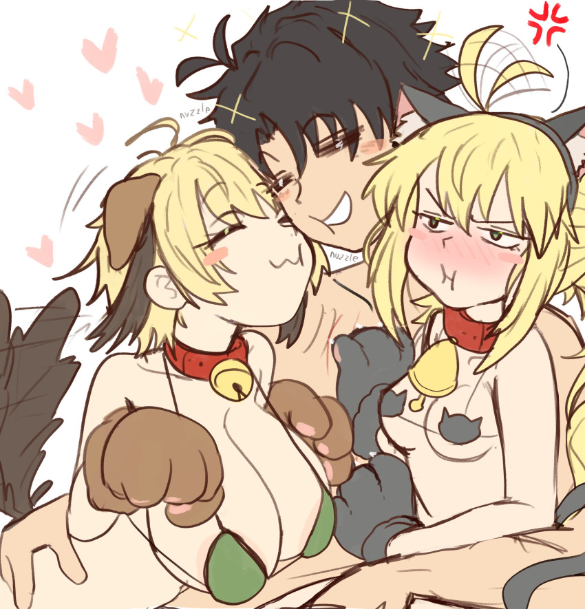 1boy 2girls ahoge ahoge_wag animal_ears animal_hands artoria_caster_(fate) artoria_pendragon_(fate) bare_shoulders bikini black_bikini black_hair blonde_hair blush breasts cat_ears cat_tail cleavage closed_eyes collar dog_ears dog_tail ebora expressive_hair fate/grand_order fate_(series) fujimaru_ritsuka_(male) gareth_(fate) gloves green_bikini green_eyes hair_flaps highres large_breasts long_hair micro_bikini multiple_girls paw_gloves pout short_hair small_breasts smile swimsuit tail