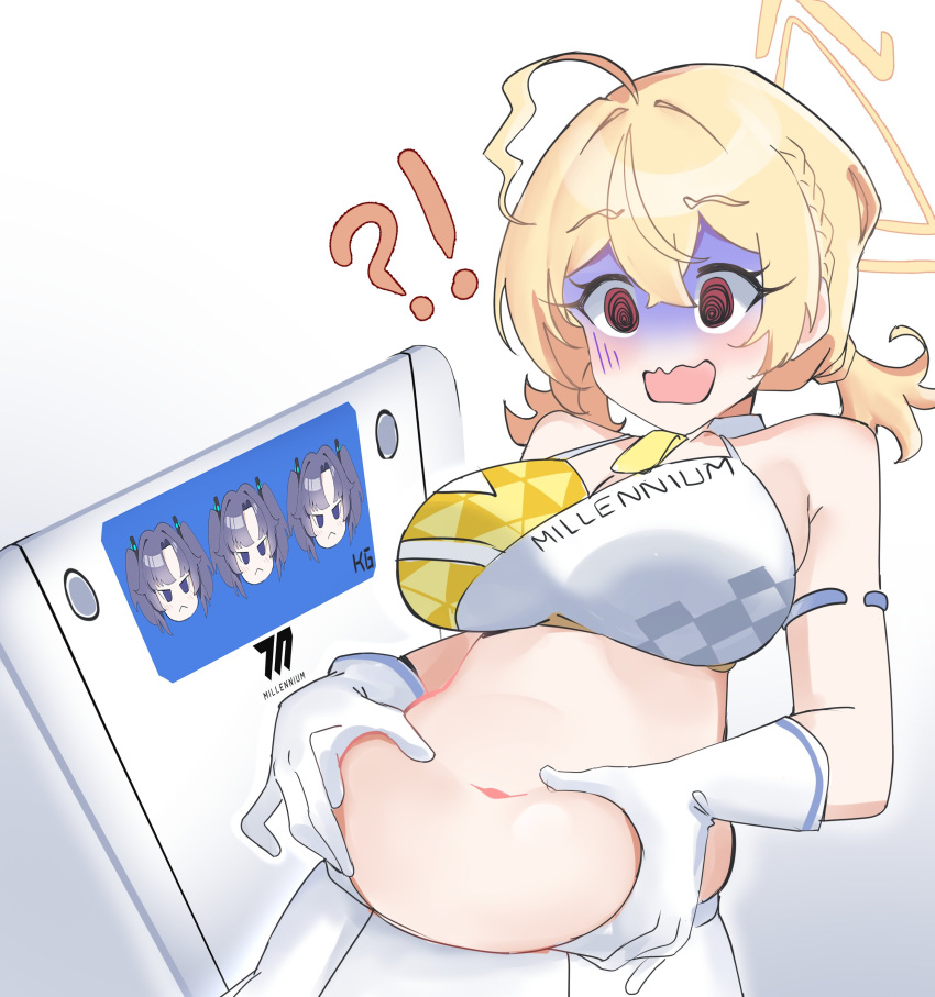 !? 1girl @_@ absurdres bare_shoulders bathroom_scale blonde_hair blue_archive breasts cleavage crop_top gen_(unzzenasd) gloom_(expression) gloves halo hands_on_own_stomach highres kotori_(blue_archive) kotori_(cheer_squad)_(blue_archive) large_breasts open_mouth plump red_eyes shirt short_twintails skirt sleeveless sleeveless_shirt turn_pale twintails upper_body wavy_mouth weighing_scale white_gloves white_skirt wilted_ahoge yuuka_(blue_archive)