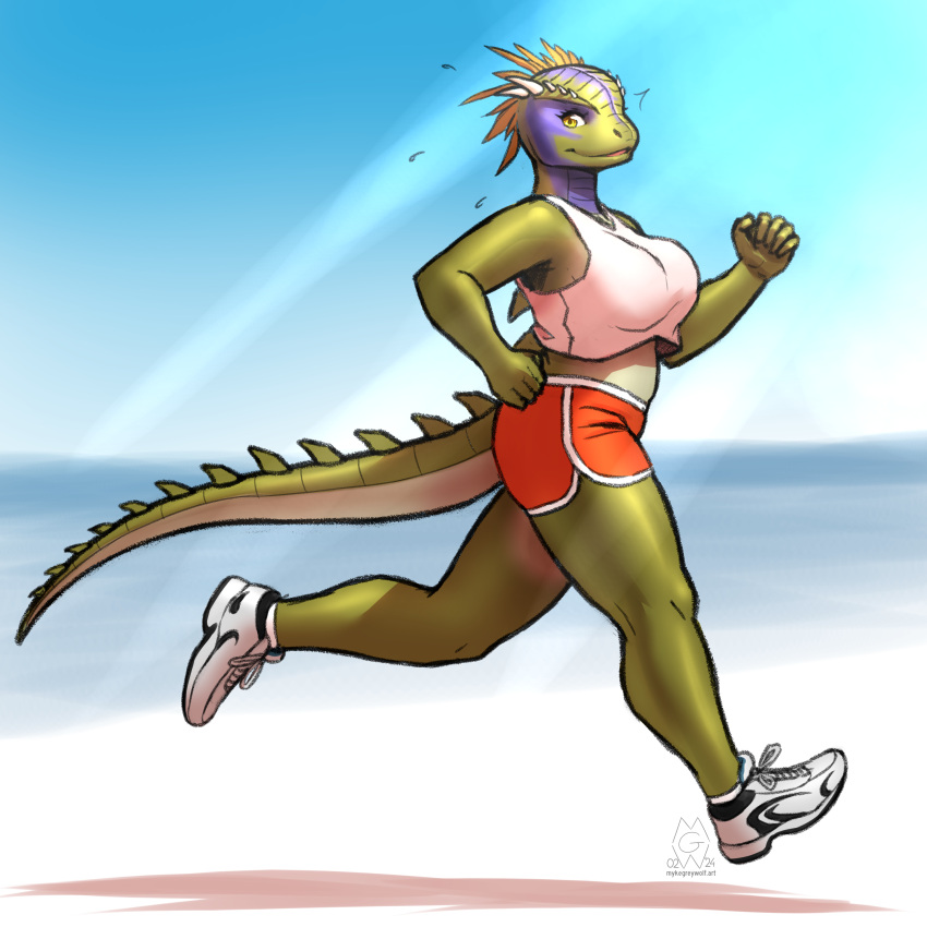 2024 absurd_res anthro argonian beach bethesda_softworks bodily_fluids bottomwear breasts clothing crop_top female flying_sweatdrops footwear glistening green_body green_scales hi_res jogging mykegreywolf outside scales scalie shirt shoes shorts solo sweat sweatdrop the_elder_scrolls topwear yellow_eyes