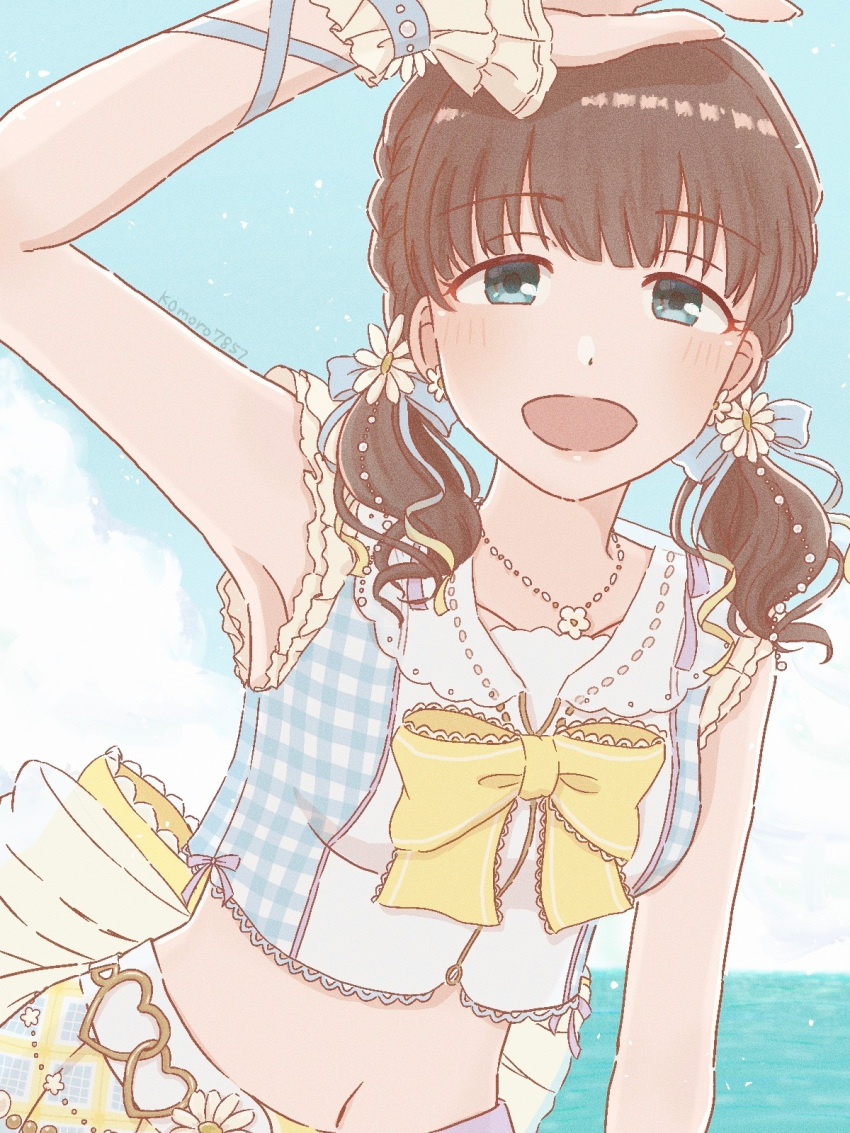 1girl arm_up armpits artist_name blush breasts brown_hair cropped_shirt frilled_wristband highres horizon idolmaster idolmaster_cinderella_girls idolmaster_cinderella_girls_starlight_stage komoro7857 looking_at_viewer medium_breasts navel official_alternate_costume outdoors sakuma_mayu shirt sleeveless sleeveless_shirt small_breasts smile solo stomach twintails