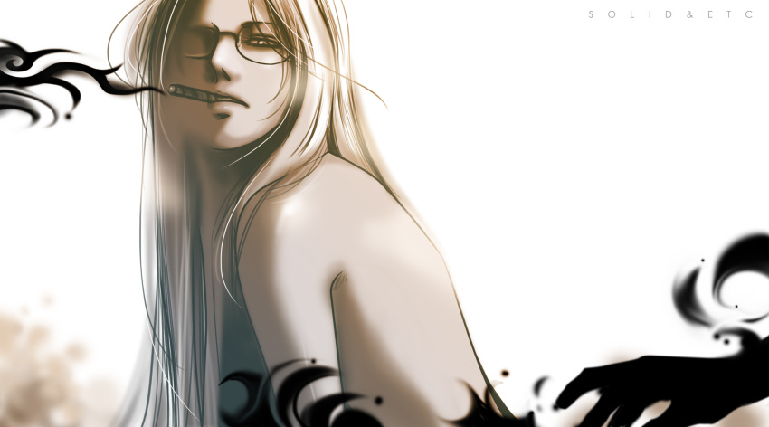 1girl artist_name bare_shoulders cigar dark-skinned_female dark_skin from_side glasses greyscale hellsing highres integra_hellsing long_hair monochrome nude sepia smoking solo toshimichi_yukari upper_body