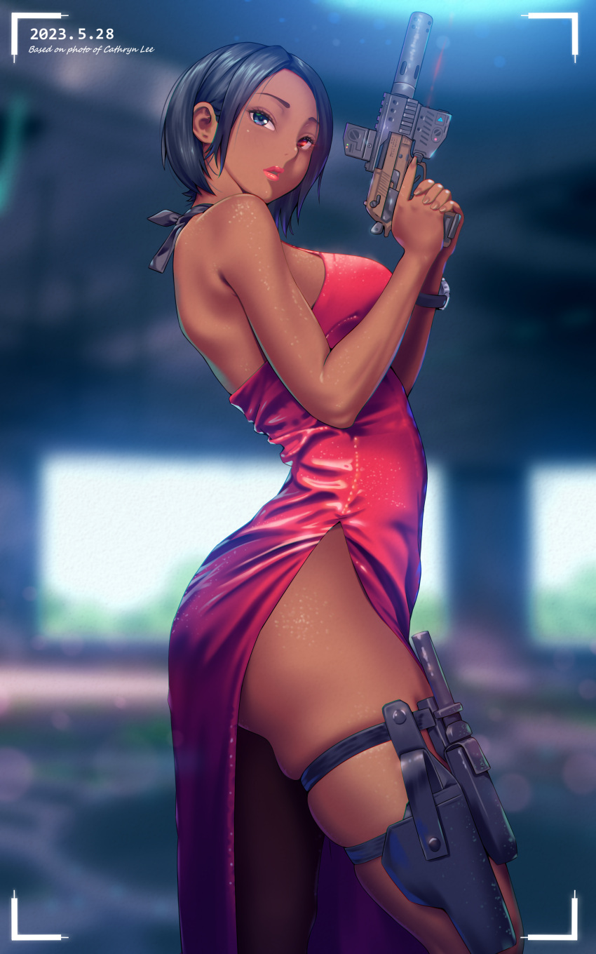 1girl a.x. absurdres ada_wong alternate_skin_color blue_eyes breasts dark-skinned_female dark_skin dated dress from_side gun hair_behind_ear heterochromia highres holding holding_gun holding_weapon holster holstered laser_sight medium_breasts parted_lips red_dress red_eyes resident_evil short_hair skindentation solo thigh_holster thigh_strap trigger_discipline viewfinder weapon