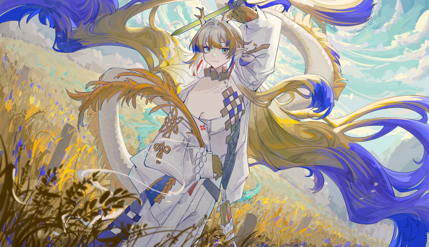 1girl absurdly_long_hair absurdres aqua_eyes arknights arm_up bare_shoulders beads blonde_hair chinese_commentary closed_mouth colored_skin commentary_request day dragon_girl dragon_horns dragon_tail dress earrings feet_out_of_frame field hair_intakes highres holding holding_plant holding_sword holding_weapon horns jacket jewelry light_smile long_dress long_hair long_sleeves looking_to_the_side multicolored_hair necklace off_shoulder open_clothes open_jacket outdoors plant pointy_ears purple_hair purple_tail sheaf shu_(arknights) sideways_glance solo standing strapless strapless_dress sword tail very_long_hair weapon wheat wheat_field white_dress white_hair white_horns white_jacket white_tail wind yellow_horns yellow_tail yi1ling0
