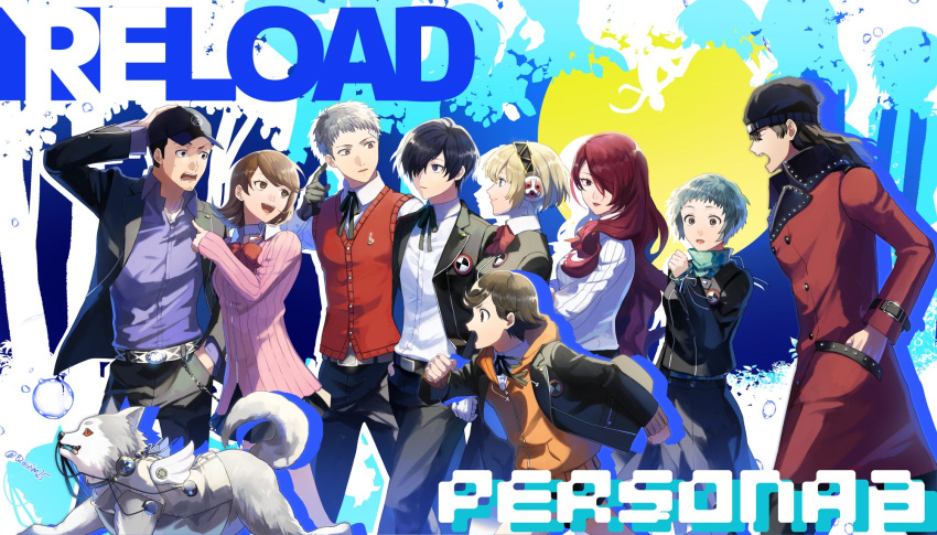 4girls 5boys aegis_(persona) amada_ken animal aragaki_shinjirou baseball_cap beanie black_gloves black_hair black_headwear black_jacket black_skirt blonde_hair blue_shirt brown_eyes brown_hair coat copyright_name digital_media_player dog gekkoukan_high_school_uniform gloves grey_hair hair_over_one_eye hand_in_pocket hat highres holding iori_junpei jacket kirijou_mitsuru koromaru_(persona) long_hair multiple_boys multiple_girls open_clothes open_jacket open_mouth persona persona_3 persona_3_reload red_coat red_hair red_sweater_vest sanada_akihiko school_uniform shirt short_hair skirt sweat sweater_vest takeba_yukari twitter_username yamagishi_fuuka yuu_(pixiv3042074) yuuki_makoto_(persona_3)