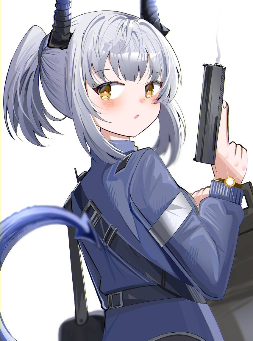 1girl absurdres arknights blurry blurry_foreground blush brown_eyes commentary_request depth_of_field from_behind grey_hair grey_jacket gun handgun highres holding holding_gun holding_weapon horns jacket liskarm_(arknights) long_sleeves looking_at_viewer looking_back parted_lips ponytail puffy_long_sleeves puffy_sleeves riot_shield shield sidelocks simple_background smoke smoking_gun solo spam_(spamham4506) tail watch weapon white_background wristwatch