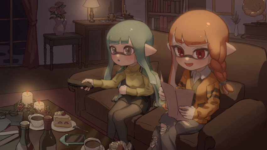 2girls :d :o black_pantyhose black_skirt blush book bookshelf braid cake cake_slice candle cardigan collared_shirt controller couch crossed_legs cup food fork green_hair green_jacket grey_eyes highres holding holding_book holding_remote_control indoors inkling inkling_girl inkling_player_character jacket jacket_on_shoulders living_room long_hair mug multiple_girls oekaki_azu on_couch open_mouth orange_hair pants pantyhose phonograph pointy_ears reading red_eyes remote_control shirt single_braid sitting skirt smile splatoon_(series) sweater table tentacle_hair torn_clothes torn_pants turtleneck turtleneck_sweater unfinished unworn_eyewear white_shirt yellow_cardigan yellow_sweater