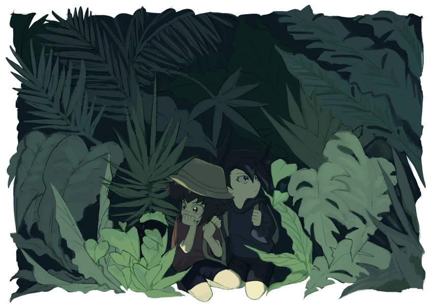 2boys black_hair black_shorts black_sweater brown_bag brown_hair bucket_hat child commentary covering_own_mouth hand_on_another's_shoulder hat highres hood hooded_sweater jungle kd_(jichaman1) kneeling leaf looking_to_the_side looking_up male_focus manjoume_jun multiple_boys nature plant red_shirt scared shirt shorts sweater yu-gi-oh! yu-gi-oh!_gx yuuki_juudai
