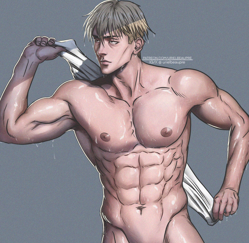 1boy abs bara blonde_hair completely_nude grey_background highres holding holding_towel jujutsu_kaisen large_pectorals male_focus muscular muscular_male nanami_kento navel nipples nude pectorals short_hair simple_background solo towel twitter_username upper_body urielbeaupre15 wet wet_hair
